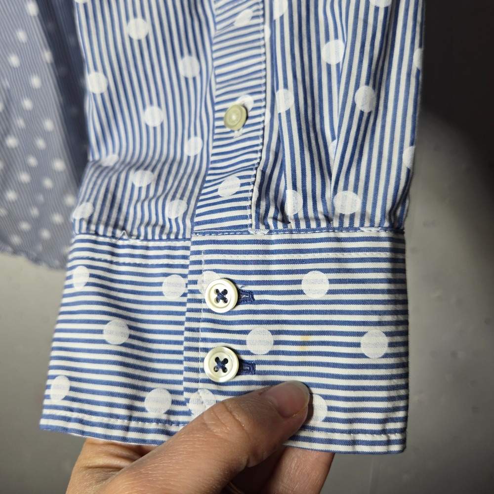 Talbots Women Blue Striped Polka Dot Button Front Long Sleeve Shirt Large Career - Picture 3 of 7